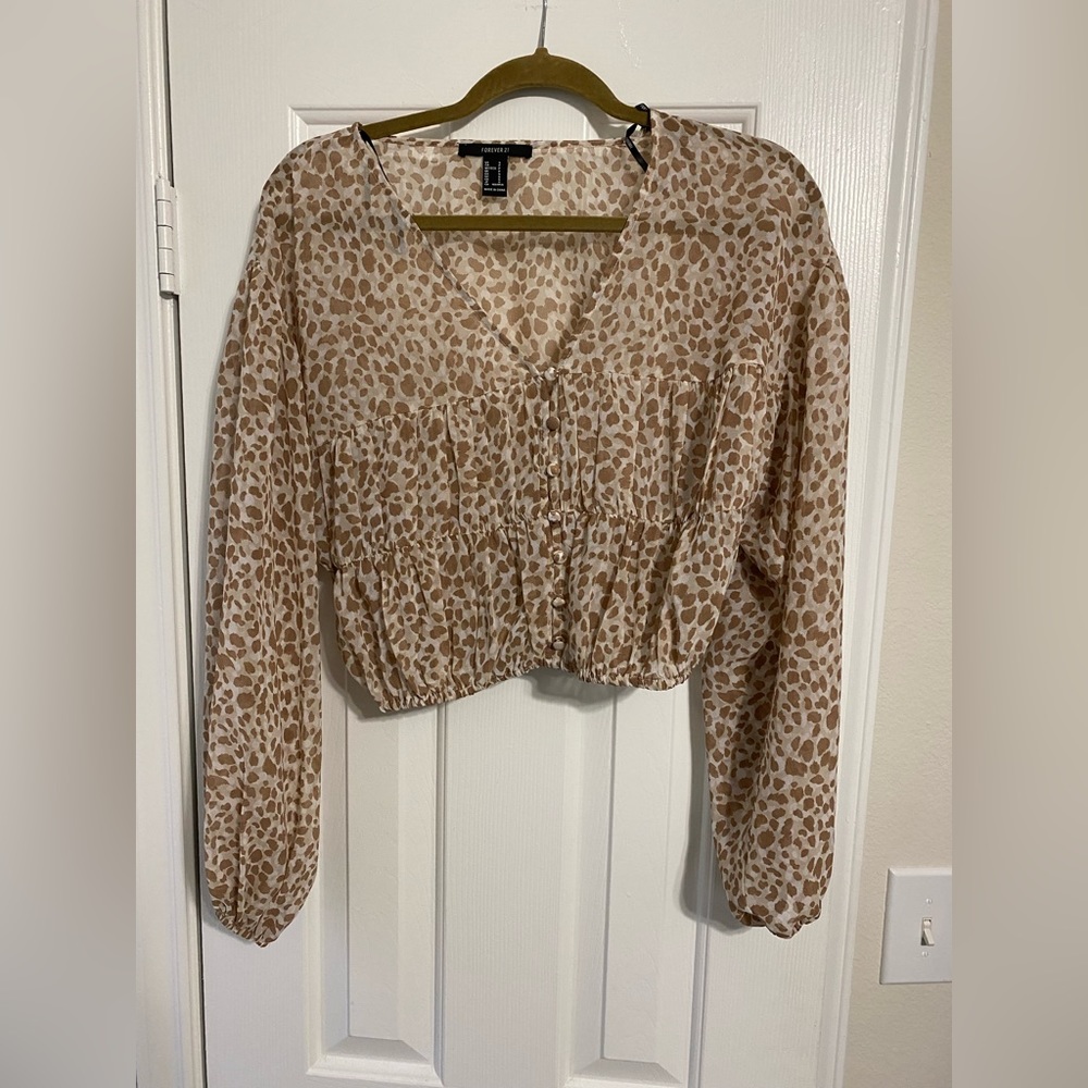 White/Tan Leopard Print Blouse S